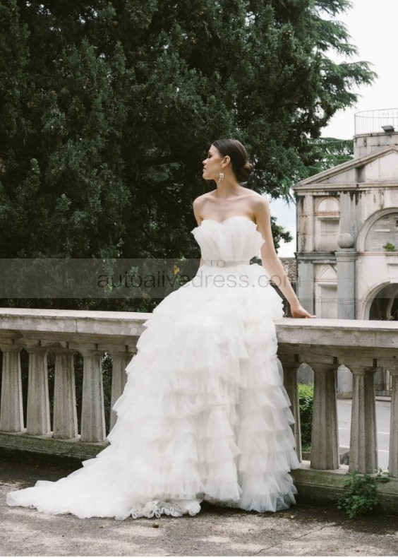 Strapless Ivory Pleated Tulle Ruffled Stunning Wedding Dress